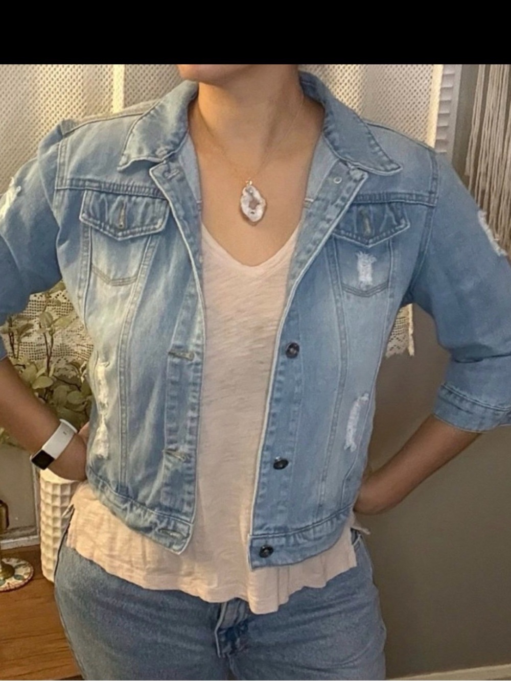 Light Blue Distressed Women's Denim Jacket - Casual Jean Jacket